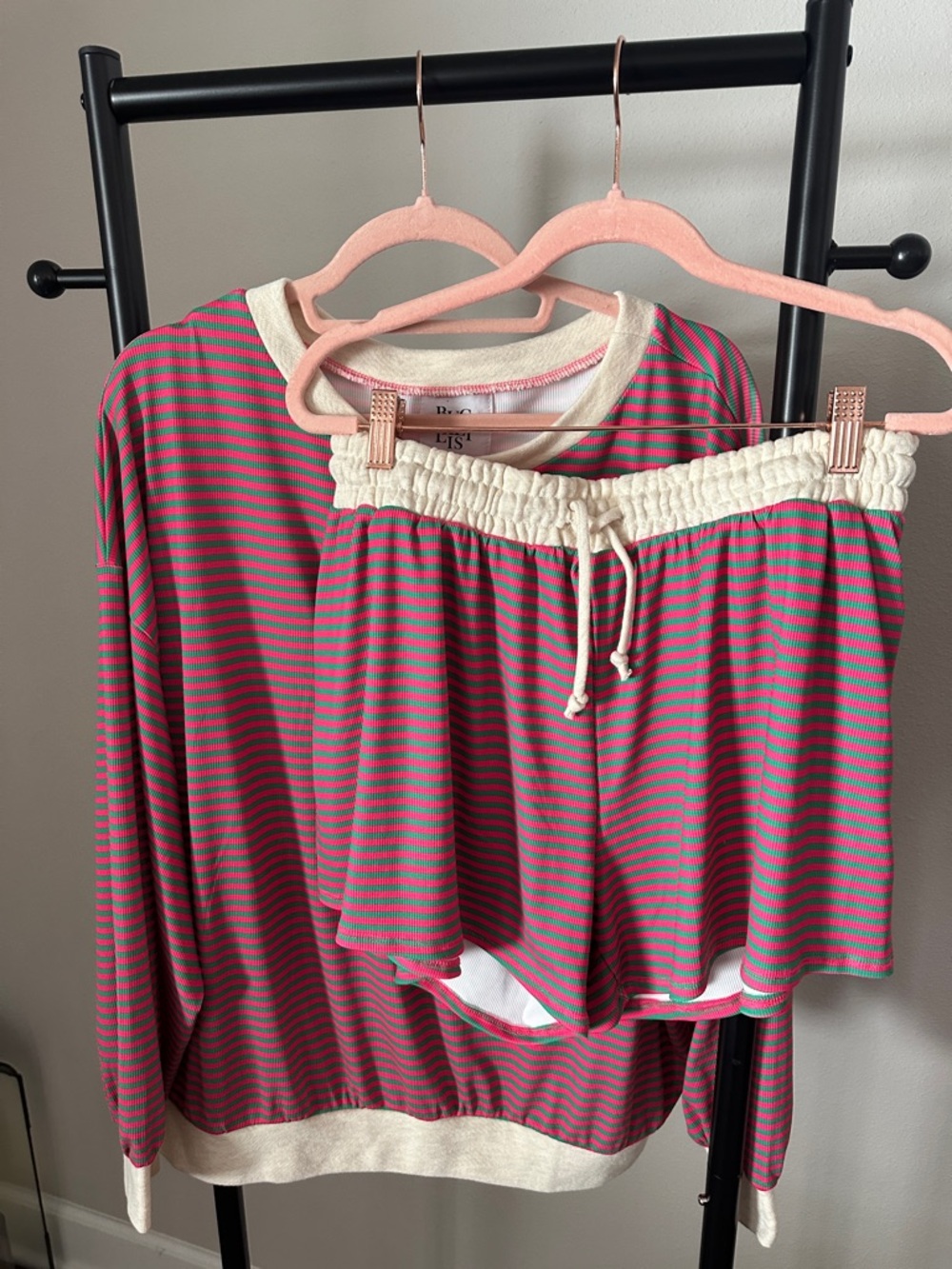 BUCKETLIST Pink and Teal Striped Lounge Top & Shorts Set